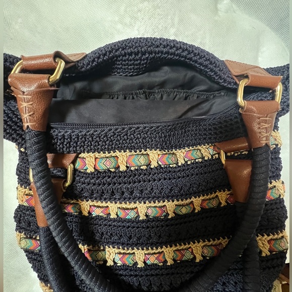 The Sak Cambria Crocheted Large Double Strap Zip Top Tote Navy Woven Ribbon - Picture 8 of 10